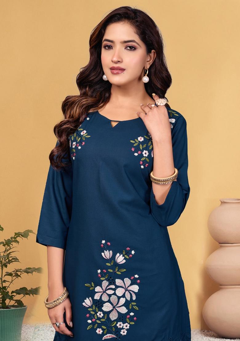 Blue Embroidery Rayon Co Ord Set - Indya