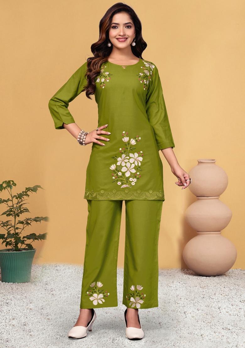 Mahendi Embroidery Rayon Co Ord Set - Indya