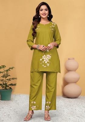 Mustard Embroidery Rayon Co Ord Set