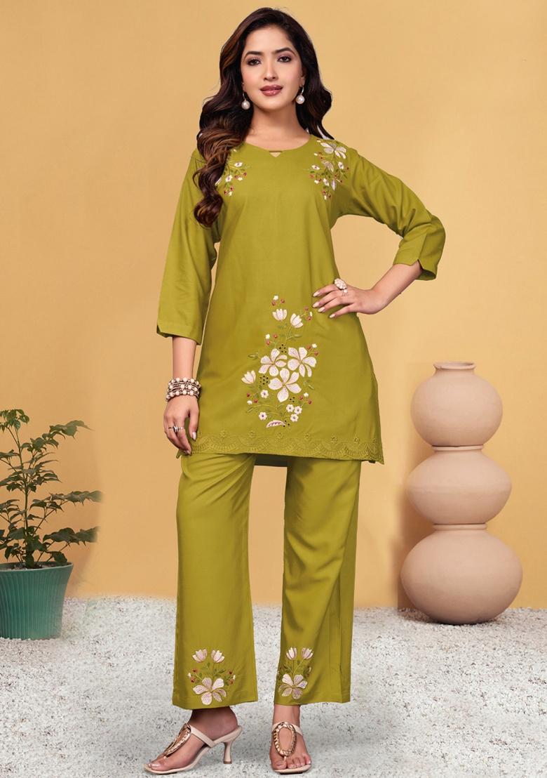 Mustard Embroidery Rayon Co Ord Set - Indya