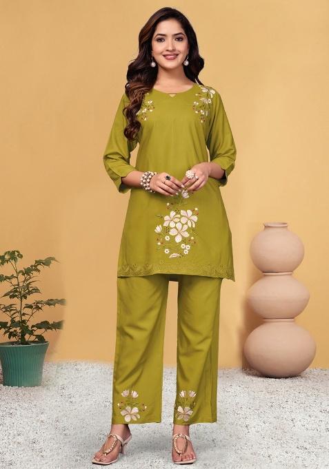 Mustard Embroidery Rayon Co Ord Set