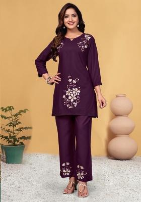 Wine Embroidery Rayon Co Ord Set