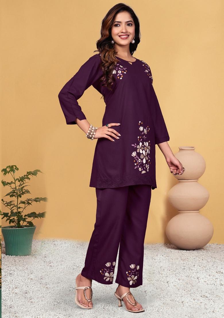 Wine Embroidery Rayon Co Ord Set - Indya