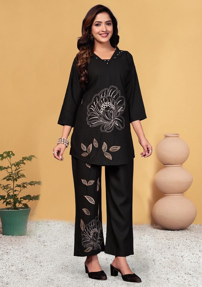 Black Embroidery Rayon Co Ord Set - Indya