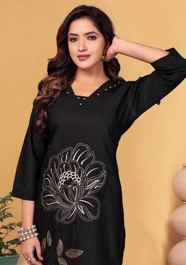 Black Embroidery Rayon Co Ord Set - Indya