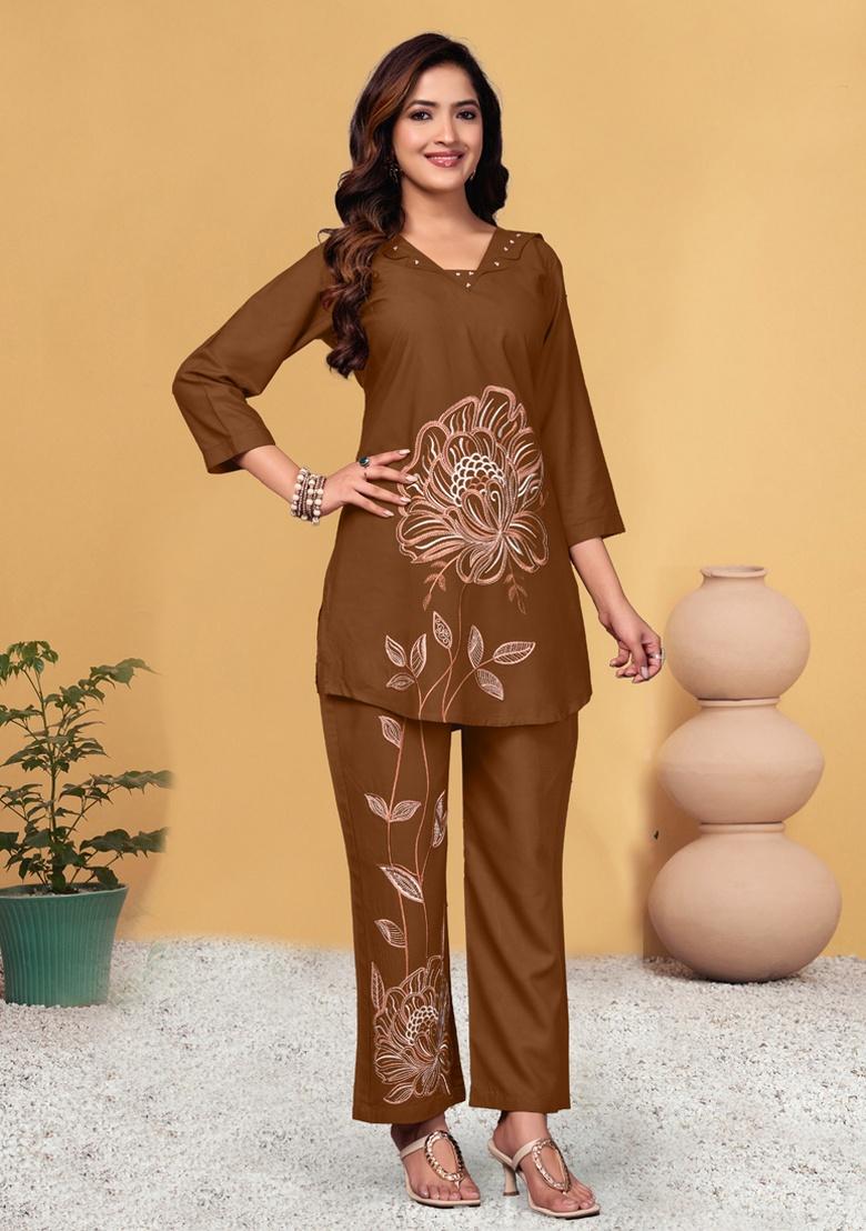 Brown Embroidery Rayon Co Ord Set - Indya