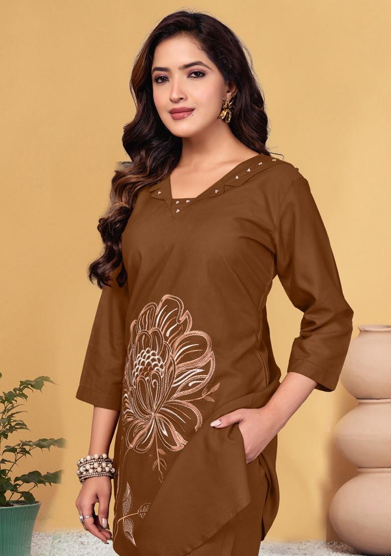 Brown Embroidery Rayon Co Ord Set - Indya