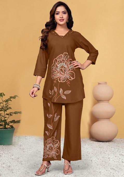 Brown Embroidery Rayon Co Ord Set
