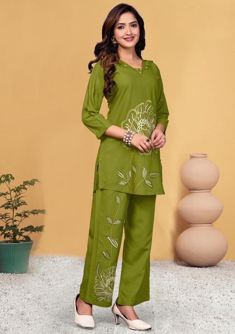 Parrot Green Embroidery Rayon Co Ord Set - Indya
