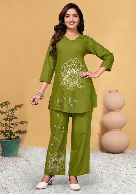 Parrot Green Embroidery Rayon Co Ord Set