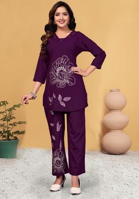 Purple Embroidery Rayon Co Ord Set