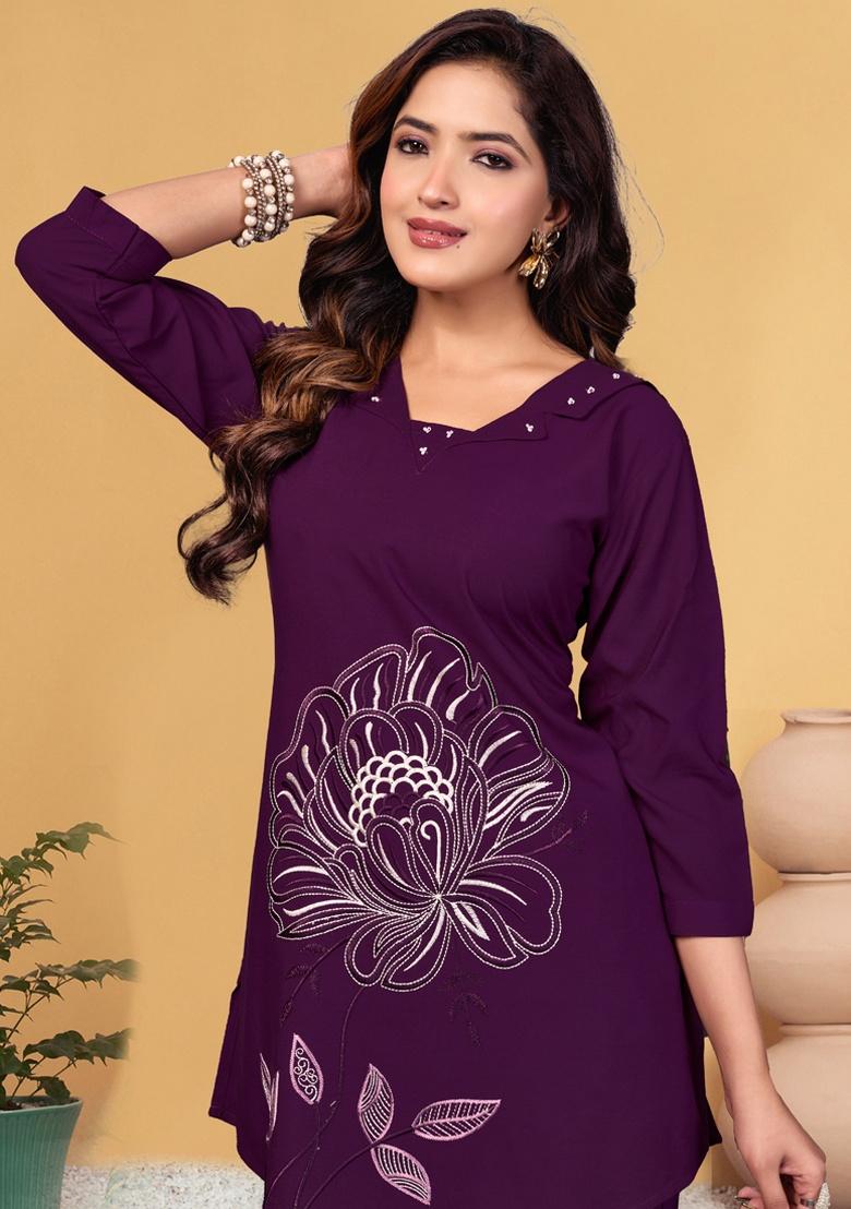 Purple Embroidery Rayon Co Ord Set - Indya