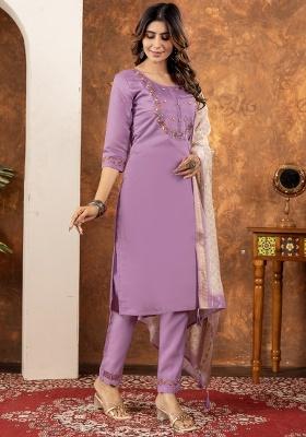 Lavender Thread Work Silk Salwar Kameez With Dupatta