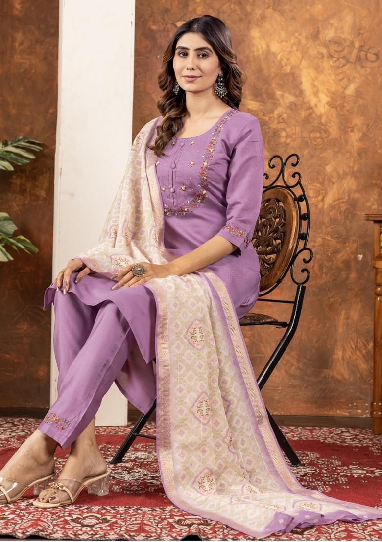 Lavender Thread Work Silk Salwar Kameez With Dupatta - Indya