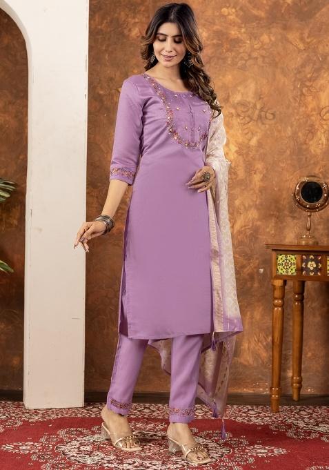 Lavender Thread Work Silk Salwar Kameez With Dupatta