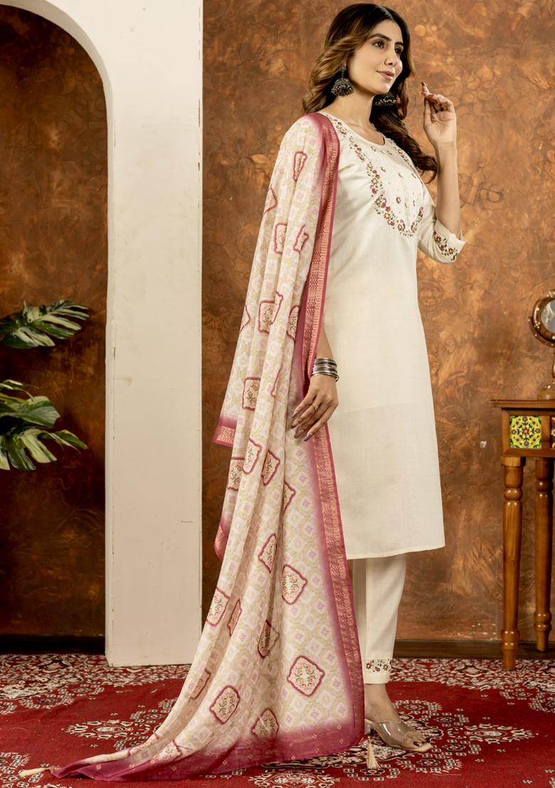 Off White Thread Work Silk Salwar Kameez With Dupatta - Indya