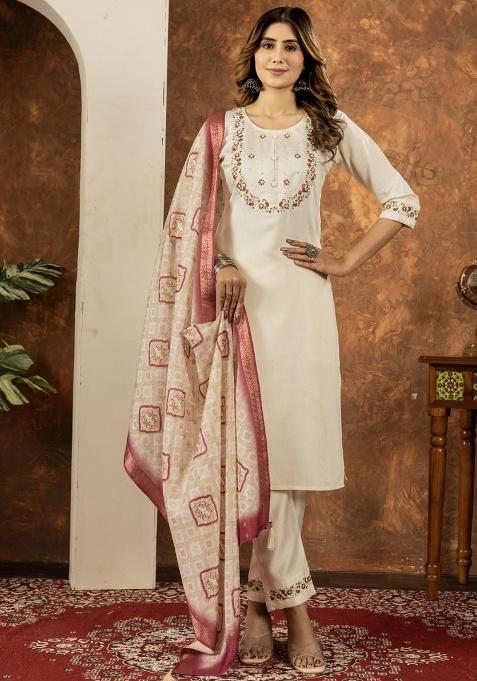Off White Thread Work Silk Salwar Kameez With Dupatta