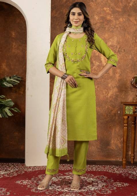 Parrot Green Thread Work Silk Salwar Kameez With Dupatta