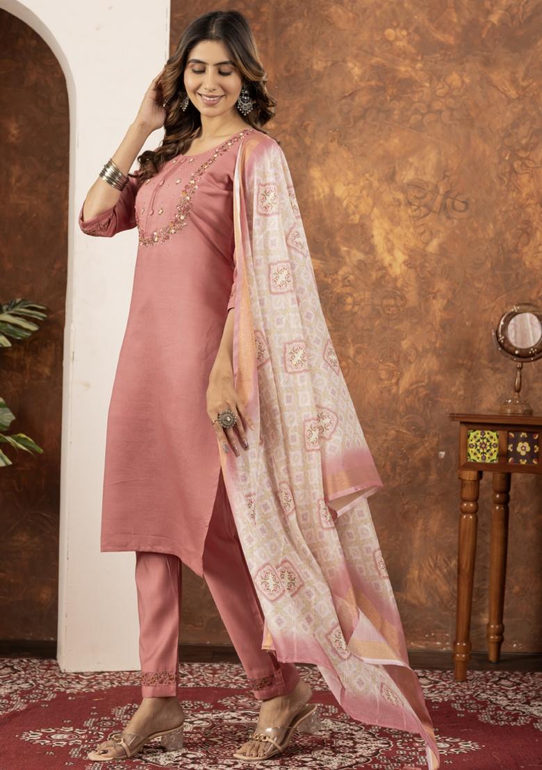 Peach Thread Work Silk Salwar Kameez With Dupatta - Indya