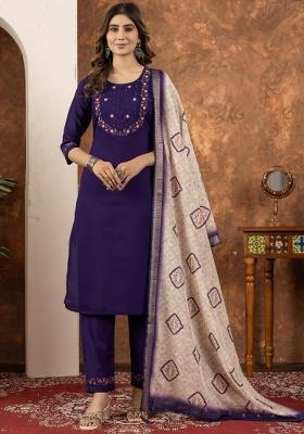 Purple Thread Work Silk Salwar Kameez With Dupatta