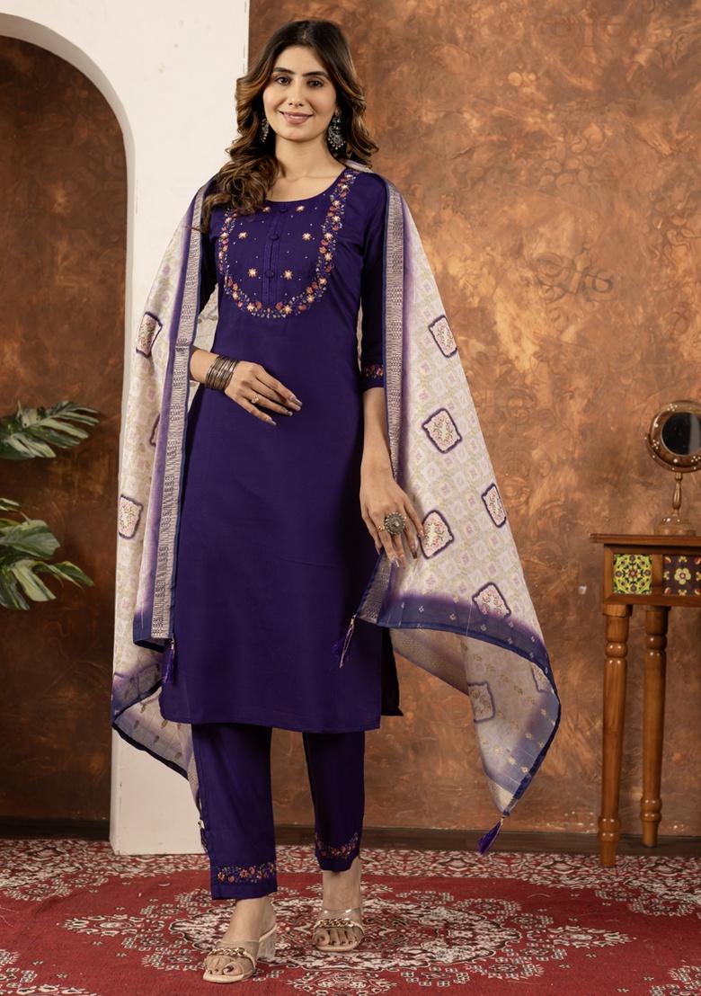 Purple Thread Work Silk Salwar Kameez With Dupatta - Indya
