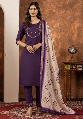 Wine Thread Work Silk Salwar Kameez With Dupatta
