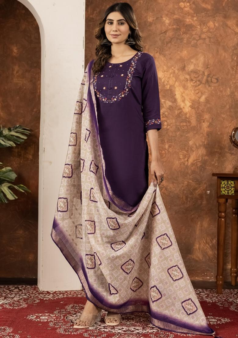 Wine Thread Work Silk Salwar Kameez With Dupatta - Indya