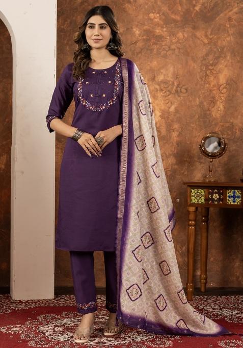 Wine Thread Work Silk Salwar Kameez With Dupatta
