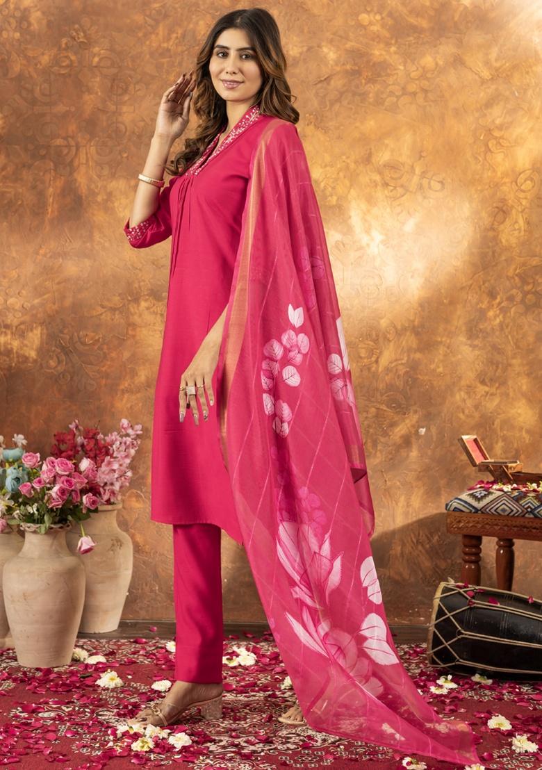 Pink Sequence Hand Work Silk Salwar Kameez With Dupatta - Indya