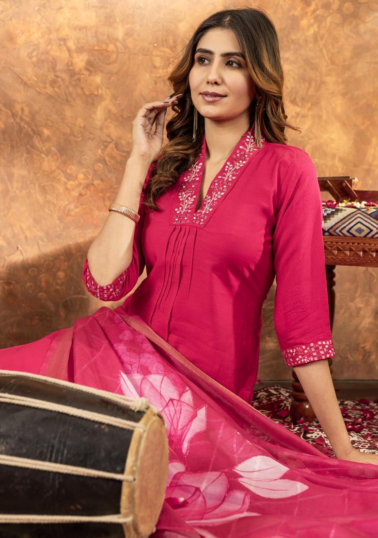 Pink Sequence Hand Work Silk Salwar Kameez With Dupatta - Indya