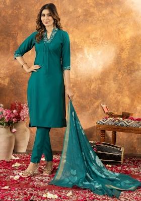Rama Green Sequence Hand Work Silk Salwar Kameez With Dupatta