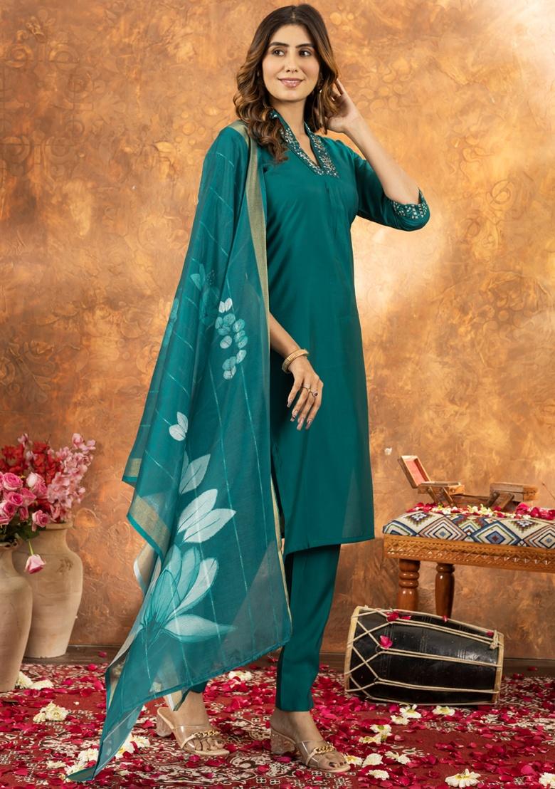 Rama Green Sequence Hand Work Silk Salwar Kameez With Dupatta - Indya