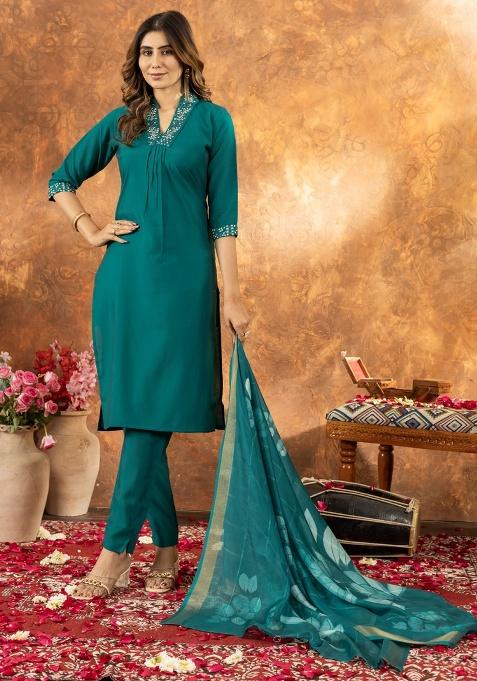 Rama Green Sequence Hand Work Silk Salwar Kameez With Dupatta
