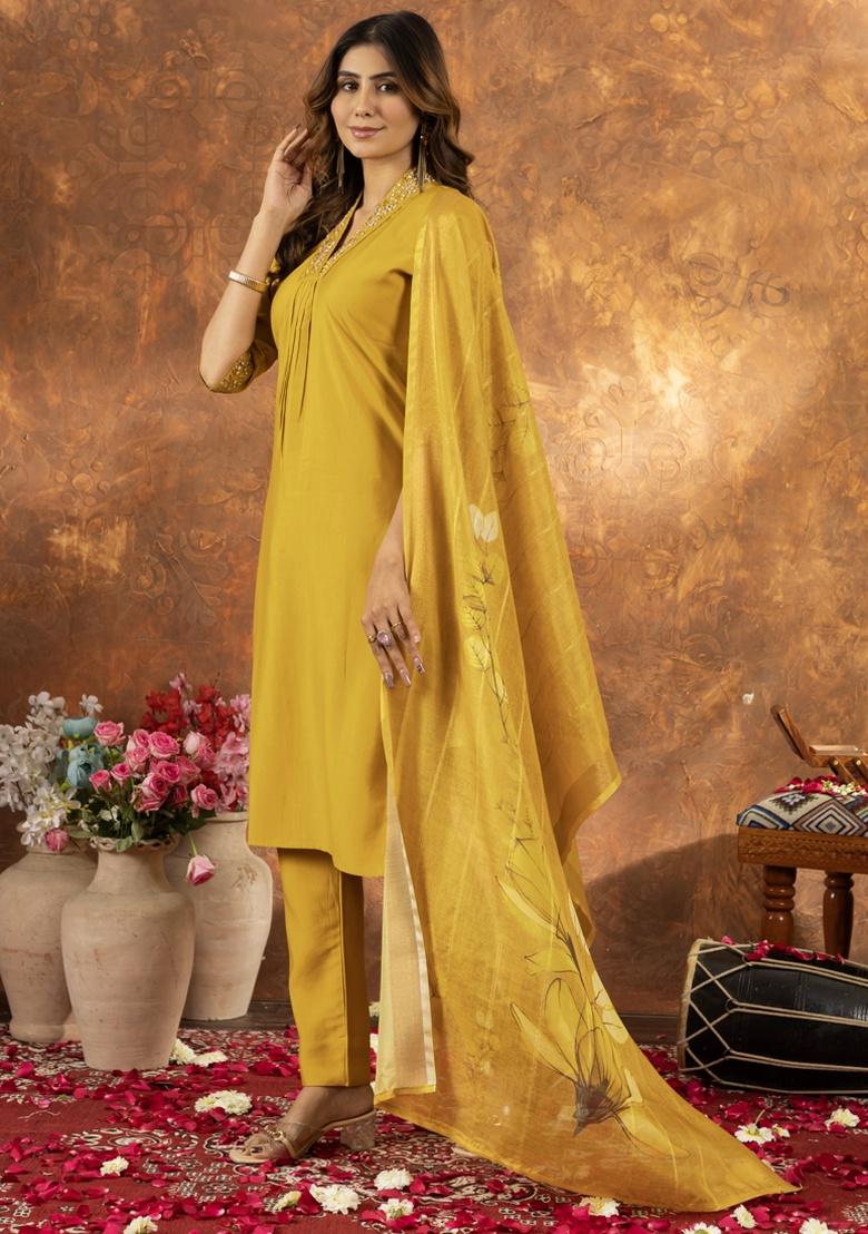 Yellow Sequence Hand Work Silk Salwar Kameez With Dupatta - Indya