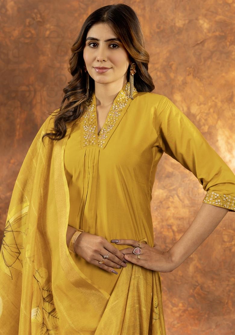Yellow Sequence Hand Work Silk Salwar Kameez With Dupatta - Indya