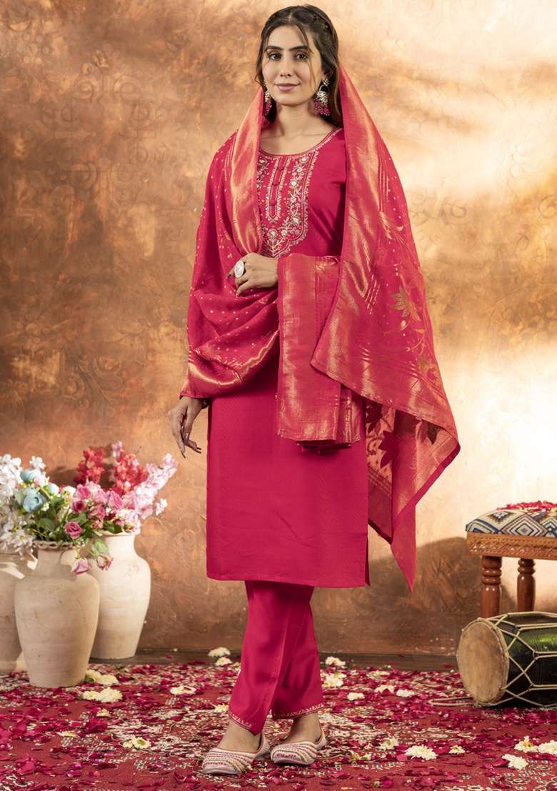 Pink Embroidered Silk Blend Straight Kurta Set - Indya