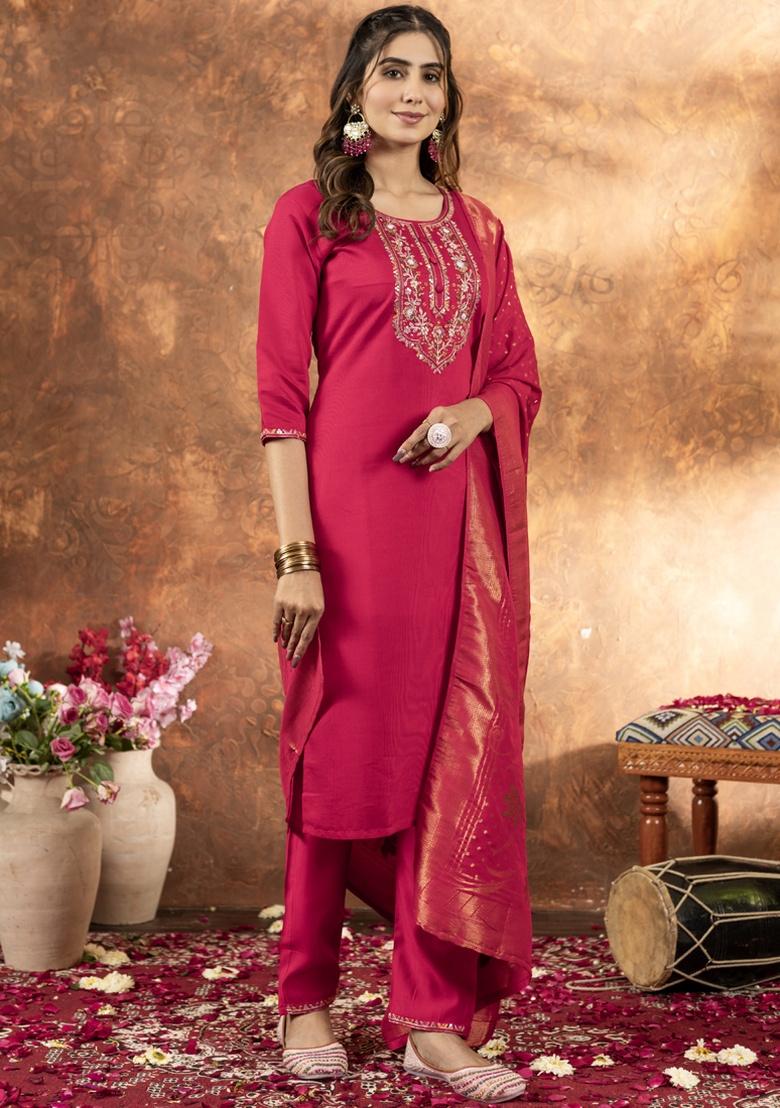 Pink Thread Work Silk Salwar Kameez With Dupatta - Indya