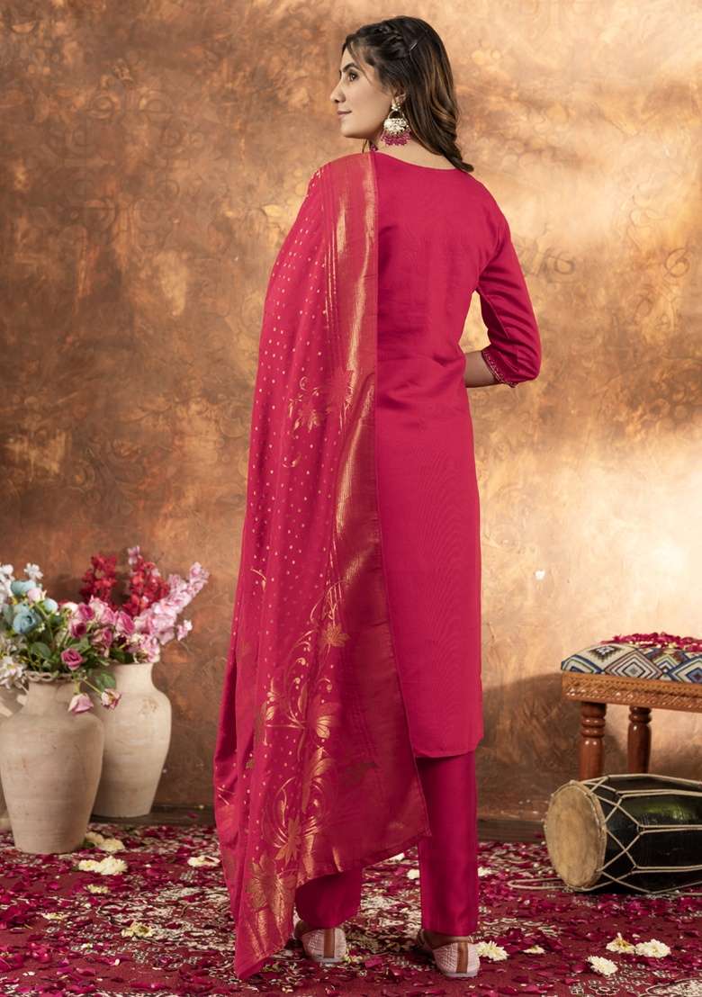 Pink Embroidered Silk Blend Straight Kurta Set - Indya