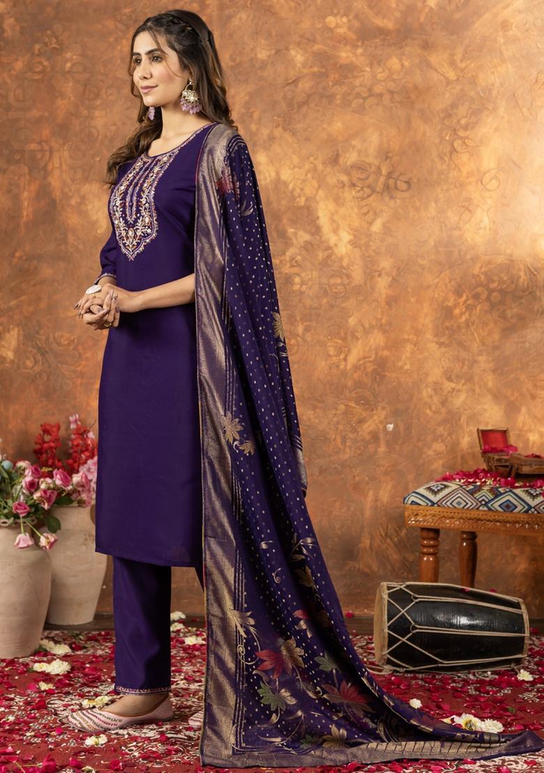 Purple Thread Work Silk Salwar Kameez With Dupatta - Indya