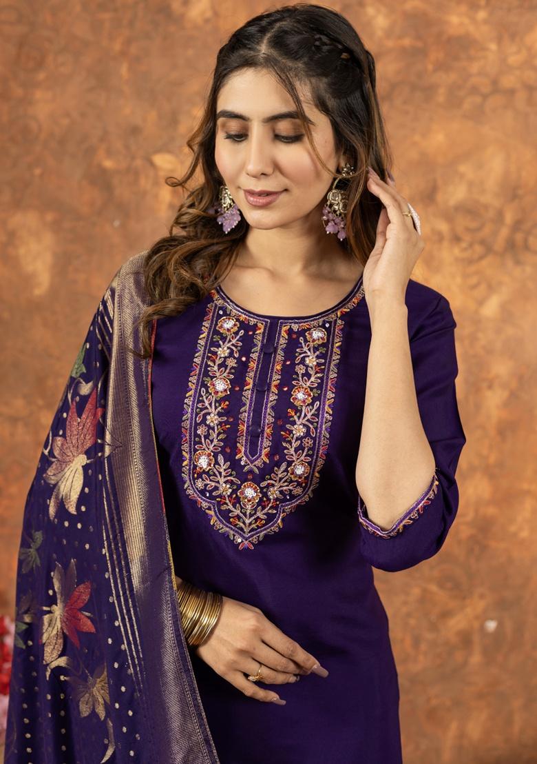 Purple Thread Work Silk Salwar Kameez With Dupatta - Indya