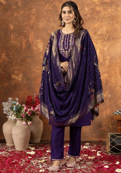 Purple Thread Work Silk Salwar Kameez With Dupatta