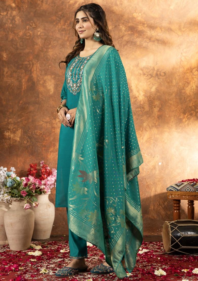 Rama Green Thread Work Silk Salwar Kameez With Dupatta - Indya
