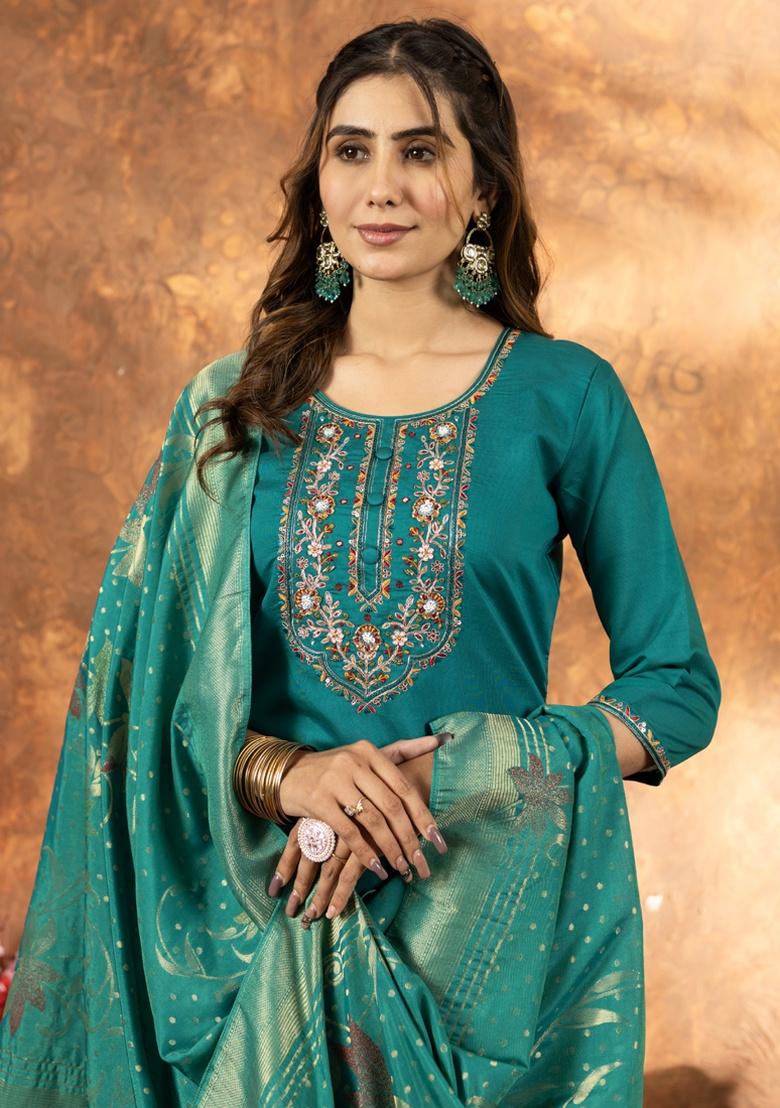 Rama Green Thread Work Silk Salwar Kameez With Dupatta - Indya