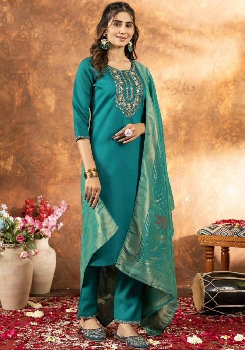 Rama Green Thread Work Silk Salwar Kameez With Dupatta