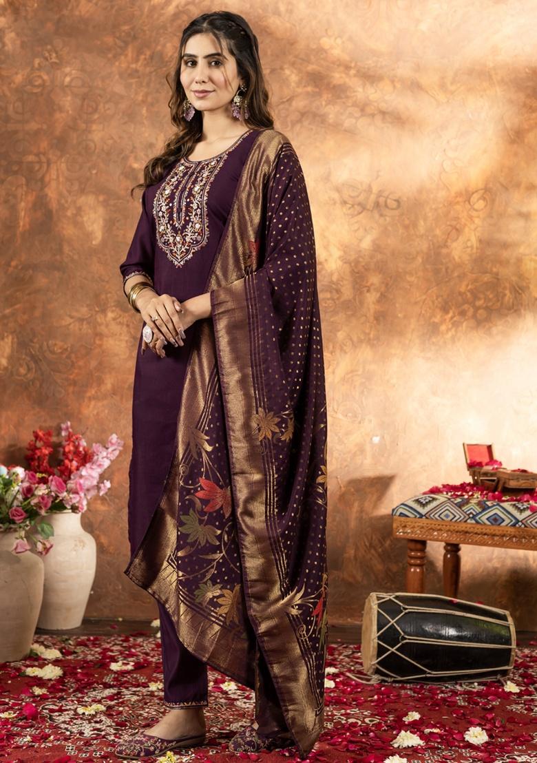 Wine Thread Work Silk Salwar Kameez With Dupatta - Indya