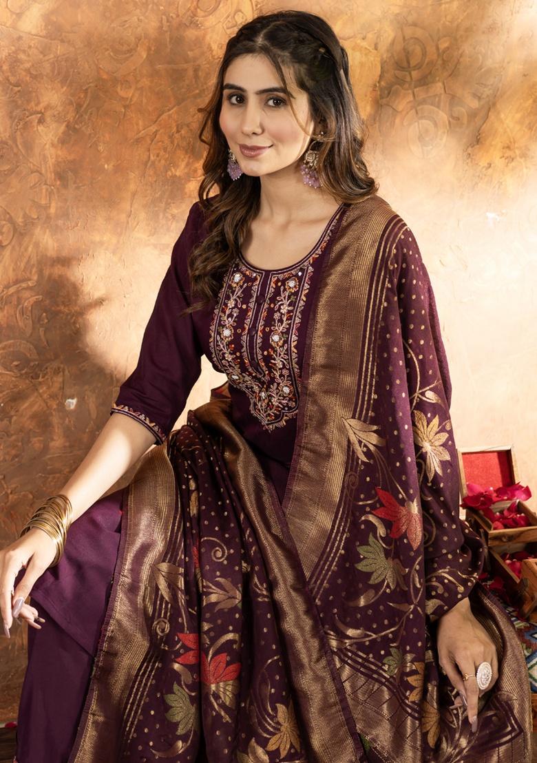 Wine Thread Work Silk Salwar Kameez With Dupatta - Indya