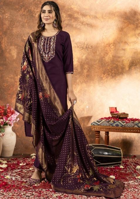 Wine Thread Work Silk Salwar Kameez With Dupatta