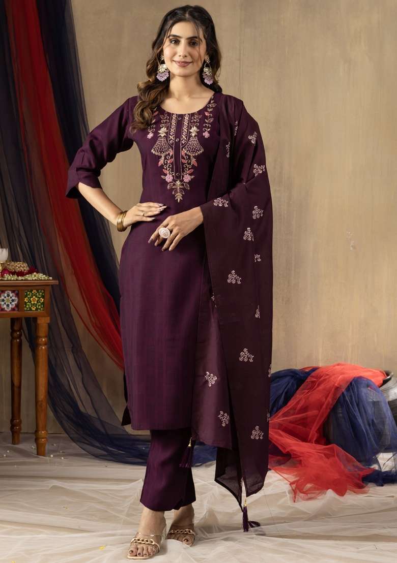 Wine Embroidered Viscose Straight Kurta Set - Indya