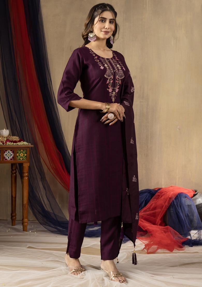 Wine Embroidery Viscose Salwar Kameez With Dupatta - Indya