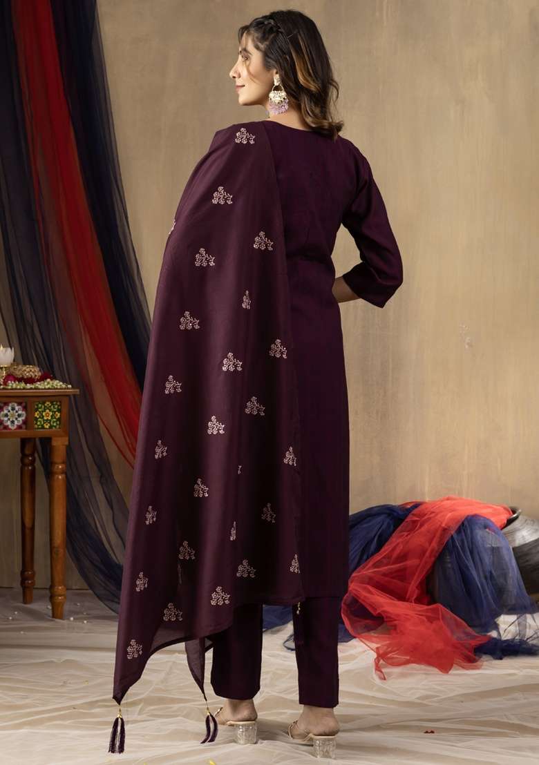 Wine Embroidered Viscose Straight Kurta Set - Indya